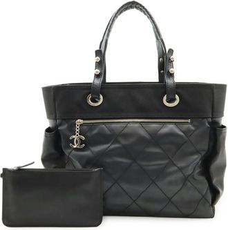 Chanel Black Coated Canvas Leather Shoulder Bag Tote Bag (Pre-Owned)