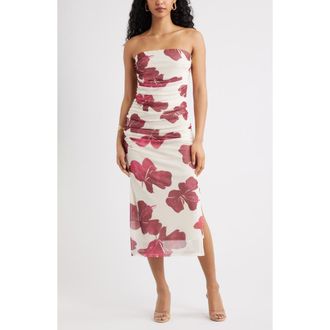 Open Edit Ruched Strapless Mesh Dress in Ivory- Pink Watered Hibiscus at Nordstrom, Size Xx-Small