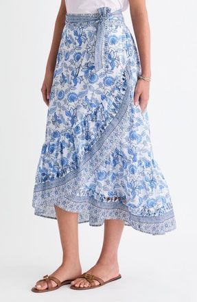 Vineyard Vines Mila Mixed Print Cotton Faux Wrap Skirt in Indie Floral White at Nordstrom, Size Medium