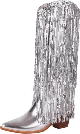 Generic Women Mid Calf Boots Fashionable Pattern Tassel Decorated Pointed Thick Heel Non Slip Slip On Shoes (Silver, 6.5)