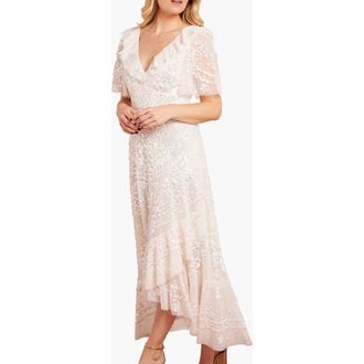 Needle & Thread Anais Sequin Frill Ankle Gown in Cream at Nordstrom, Size 14