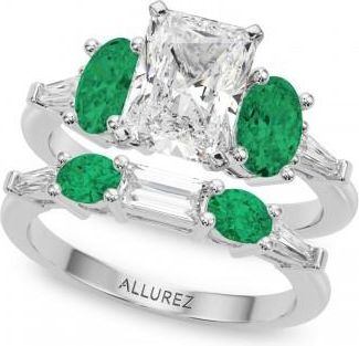 Allurez Radiant Lab Grown Diamond & Oval Emerald Bridal Set 14K White Gold (4.65ct)