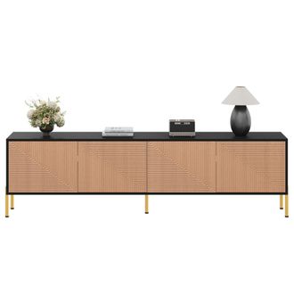 STILVORA Mueble Tv Con 4 Puertas Sin Tiradores Y Patas De Metal Dorado, Estilo Moderno, 179&times;35&times;53,5 Cm, Negro Natural