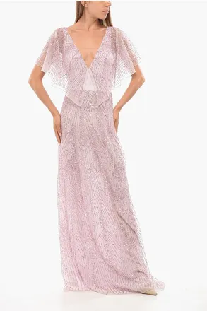 Elisabetta Franchi Abito in Chiffon Paillettato con Maniche a Farfalla taglia 40