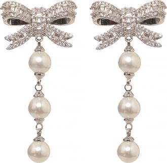 Self Portrait Crystal Bow Droplet Earrings With Pearl Accents