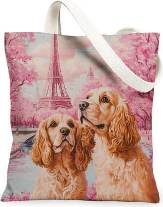 Generic Valentines Day American Cocker Spaniel Dog Canvas Tote Bag for Shopping 13x15, Eiffel Tower Puppy Reusable Grocery Print Pattern Bag for Women, Couple