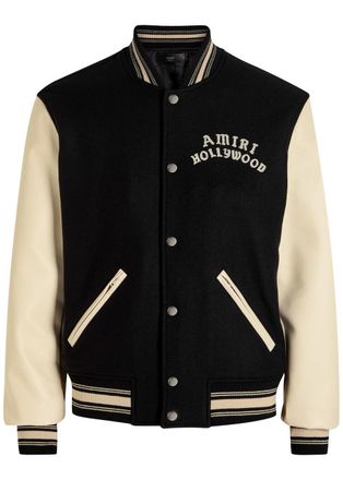 Amiri Hollywood Logo Wool and Leather Bomber Jacket - Black - XL