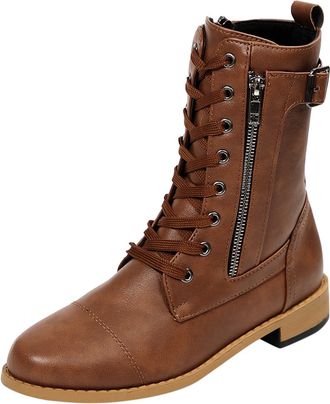 Generic o Mens Boots Zip up European And American Flat Casual Round Head Fashion Mens Boots Belt Buckle Solid Color Leather Boots (Brown, 5.5)