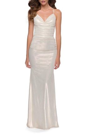 La Femme Fitted Metallic Jersey Gown with Open Criss Cross Strappy Back in White/gold at Nordstrom, Size 10