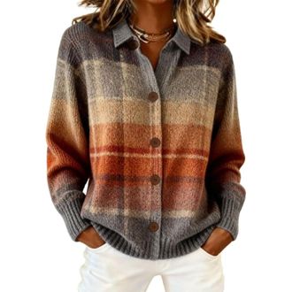 Generic Womens Plaid Print Casual Cotton/Polyester Cardigan - Long Sleeve V-Neck Button Down Design (Caramel Gray Check,L)