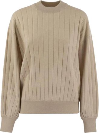 Brunello Cucinelli Ribbed Mock Neck Sweater - Dames - Ronde hals truien - Beige - M - Kasjmier - Truien & Vesten