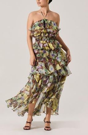 ASTR the Label Elena Floral Print Chiffon Halter Dress in Brown Yellow Floral at Nordstrom Rack, Size Small