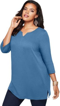Roaman's Plus Size Three Quarter Sleeve Notch Neck Soft Knit Tunic in Dusty Indigo at Nordstrom, Size 32