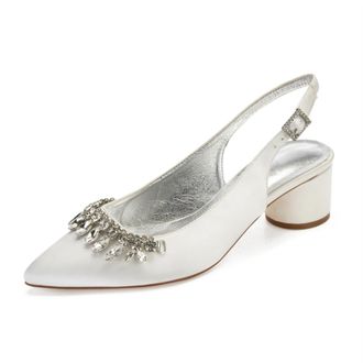 Generic Wedding Shoes Women Ankle Strap Pointed Toe Slingback Chunky Low Heels Dress Pumps Bridal Shoes 4.5Cm,Ivory,5 UK