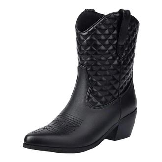 Generic Womens Retro Western Ankle Boots Pointed Toe High Chunky Heel Slip On With Embroidery Detail Fashion Footwear