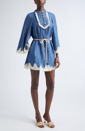 Zimmermann Awaken Belted Lace Trim Denim Minidress in Railway Blue at Nordstrom, Size 0P