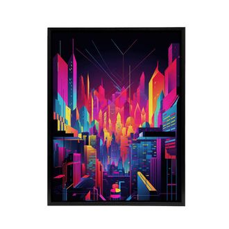Artery8 Neon Colour Abstract Cityscape Framed Canvas Wall Art Print in Pink | Size: W24 x H32