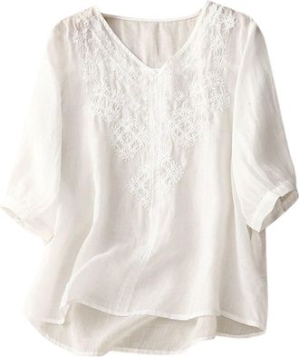 Generic Linen Tops for Women UK Summer Casual 4572 Sleeve Embroidery T Shirt Vintage Elegant Cotton Tops Boho Slim Fit Tunic Tee Blouse Plus Size Pullover Tee