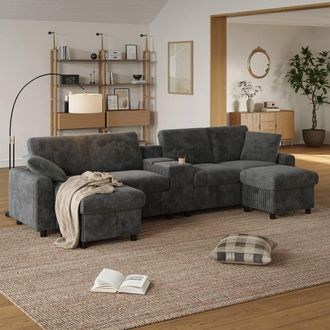 Matteo Corduroy U-Shaped Sectional Sofa with Storage & USB Charging - Grey
