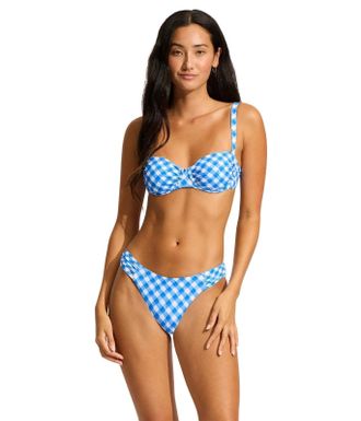 Seafolly Ciao Bella Bikini Top Womens Azure Check Ruched Underwire SGN1764
