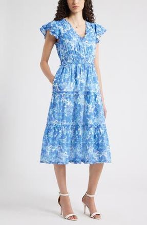 Chelsea28 Flutter Sleeve Tiered Cotton Midi Sundress in Blue- Tiana Floral at Nordstrom Rack, Size X-Small