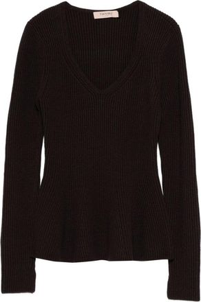 Twin-Set Fitted Ribbed Knit Sweater With Deep V-Neckline