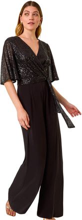 Roman Womens Sequin Flutter Sleeve Stretch Jumpsuit - Black - Size 18 UK