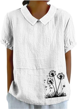 Generic Linen Shirts for Women UK Summer Lightweight Short Sleeve Tshirts Cute Collared Tops Boho Casual Blouses