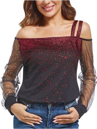 Generic Women Off Shoulder Tops Plus Size Glitter Sequins Shirts Mesh Long Sleeve Print Patchwork Blouse Elegant Oversized T Shirts Casual Blouse Comfy Sparkl