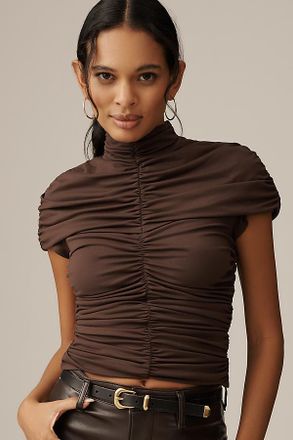 Susana Monaco Short-Sleeve Mock-Neck Ruched Top