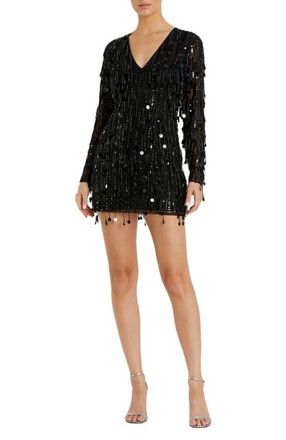 Mac Duggal Long Sleeve Beaded Fringe Plunge Neck Dress in Black at Nordstrom, Size 0