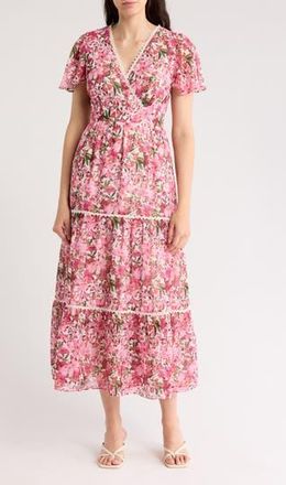 Anne Klein Floral Flutter Sleeve Tiered Maxi Dress in Carmine Rose Multi at Nordstrom Rack, Size 8