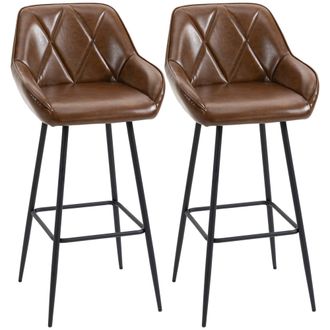 HOMCOM Bar Stools Set of 2 Retro Bar Chairs W/ Backs Footrests Steel Legs Brown | TJ Hughes