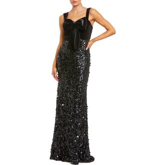 Mac Duggal Sequin Column Gown with Velvet Bow Detail in Black at Nordstrom, Size 10