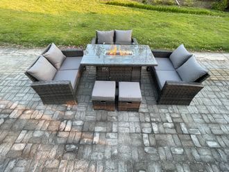 Fimous High Back Rattan Garden Furniture Sofa Sets with Outdoor Furniture Gas Firepit Dining Table Set 2 Small Footstools in Dark Grey