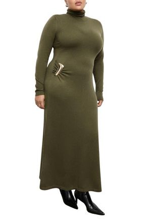 Mango Turtleneck Long Sleeve Knit Dress in Khaki Green at Nordstrom, Size 18