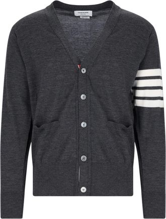 Thom Browne Iconic V-Neck Cardigan In Grey Wool With Signature Stripes