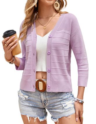 Grace Karin Womens Cropped Cardigan 3/4 Sleeve Button Down Bolero Shrug Knit Sweater Tops Open Front Lightweight, Pink Purple, XXL