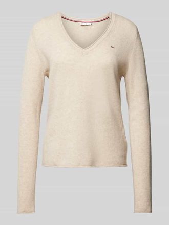 Tommy Hilfiger Pullover mit abgerundetem V-Ausschnitt Modell SOFT WOOL in Beige, Gr&ouml;&szlig;e L