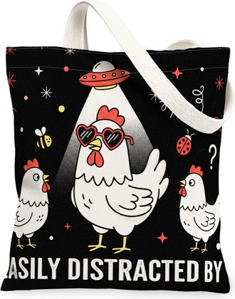 Generic Funny Chicken Canvas Tote Bag, Cute Animal Pattern Reusable Grocery Bags, Lightweight Washable Shoulder Strap Canvas Bags F, Black, 13x15 Inch