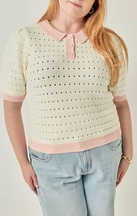 endless rose Colorblock Pointelle Short Sleeve Polo Sweater in Ivory/pink at Nordstrom, Size 3X