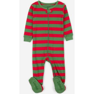 Leveret Footed Striped Cotton Matching Family Holiday Pajamas in Red & Green Stripes at Nordstrom, Size 18-24M