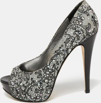 Gina Grey/black Lace Crystal Embellished Open Peep Platform Pumps