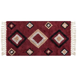 Beliani Alfombra De Algod&oacute;n Rojo Beige Negro 80 X 150 Cm Patr&oacute;n Diamante Borlas Siirt