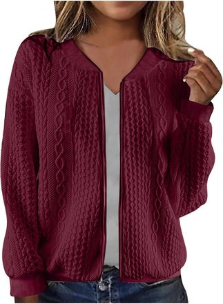 Generic Womens Zip Up Cardigan Knitted Long Sleeve Knitwear Jackets Casual Elegant Plain V Neck Copped Cable Knit Cardigan Ladies Winter Autumn Comfy Thermal 