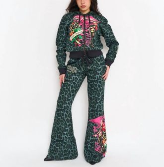 Ed Hardy Anchor Rose Bootcut Sweatpants In Green Leopard