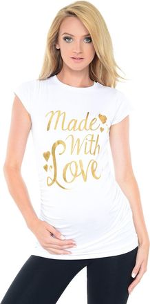 Purpless Maternity Top Pregnancy T-Shirt Tee for Pregnant Women Slogan Made with Love Gold Print B2015 (10, White)