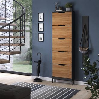 Vicco Zapatera Abatible Luca, Antracita/roble Dorado, 59 X 192 Cm Con 5 Compartimentos Basculantes, Vicco