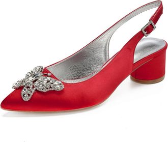Generic Womens Chunky Heels Pointed Toe Wedding Shoes Satin Low Heels Elegant Bridal Slingback Party Evening Dress Shoes 4.5Cm,red,8 UK