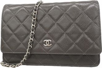 Chanel Gray Grained Calfskin Chain/Shoulder Wallet (Pre-Owned)